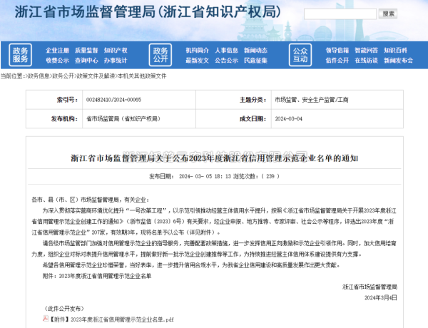 好色APP在线观看入选2023年度浙江省信用管理示范企业名单